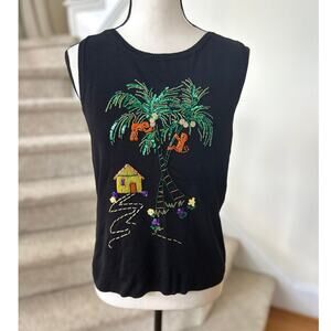 Vintage Y2K 90s Black Beaded Monkey Palm Coconut Tree Hut Tropical Tank Top